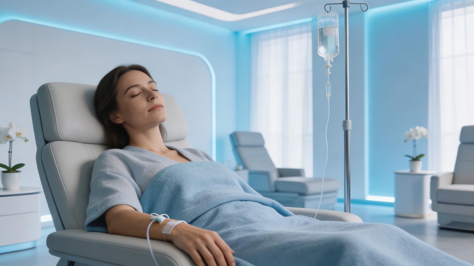 Person relaxing comfortably in a modern IV therapy lounge